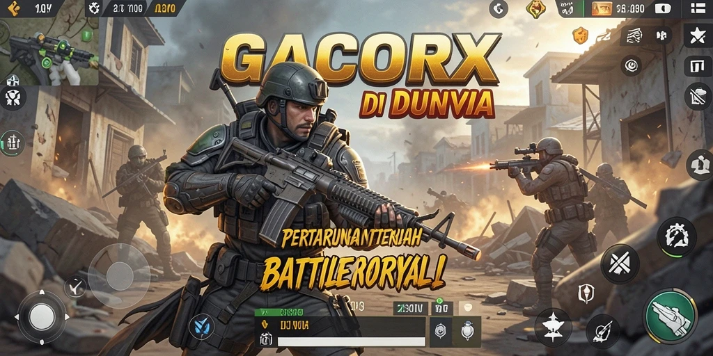 Screenshot utama GACORX menampilkan aksi seru dalam permainan Battle Royale.