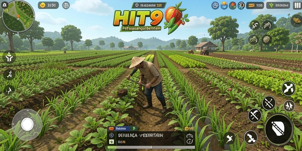 Gameplay HIT9 yang menampilkan lahan pertanian yang subur dan berwarna-warni.