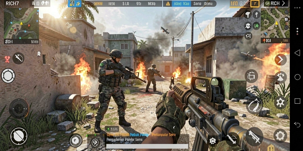 Screenshot dari gameplay RICH7 menampilkan aksi tembak-menembak mendebarkan.