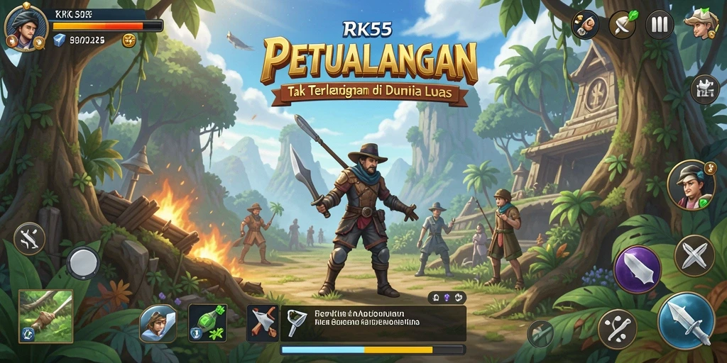 Tangkapan layar utama RK55 menampilkan pemain menjelajahi dunia petualangan yang kaya.