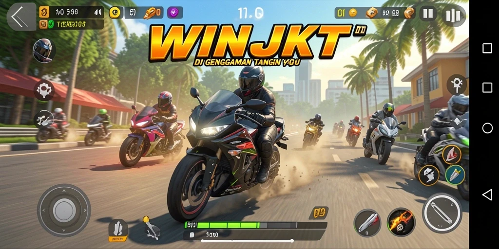 Screenshot gameplay menampilkan aksi balapan motor seru.